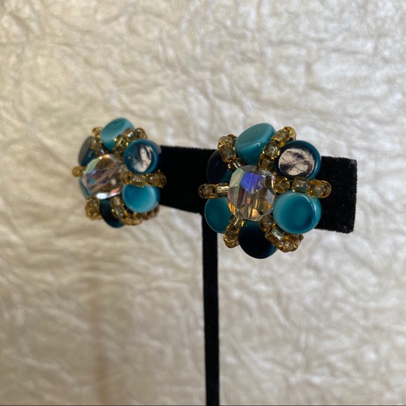 Vintage Japan Teal & Yellow Clip On Earrings - Picture 2 of 6
